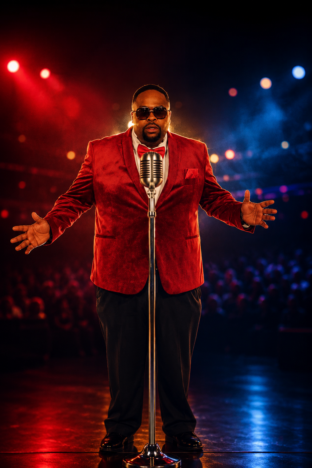 Mr. G in red blazer with vintage chrome microphone on stage
